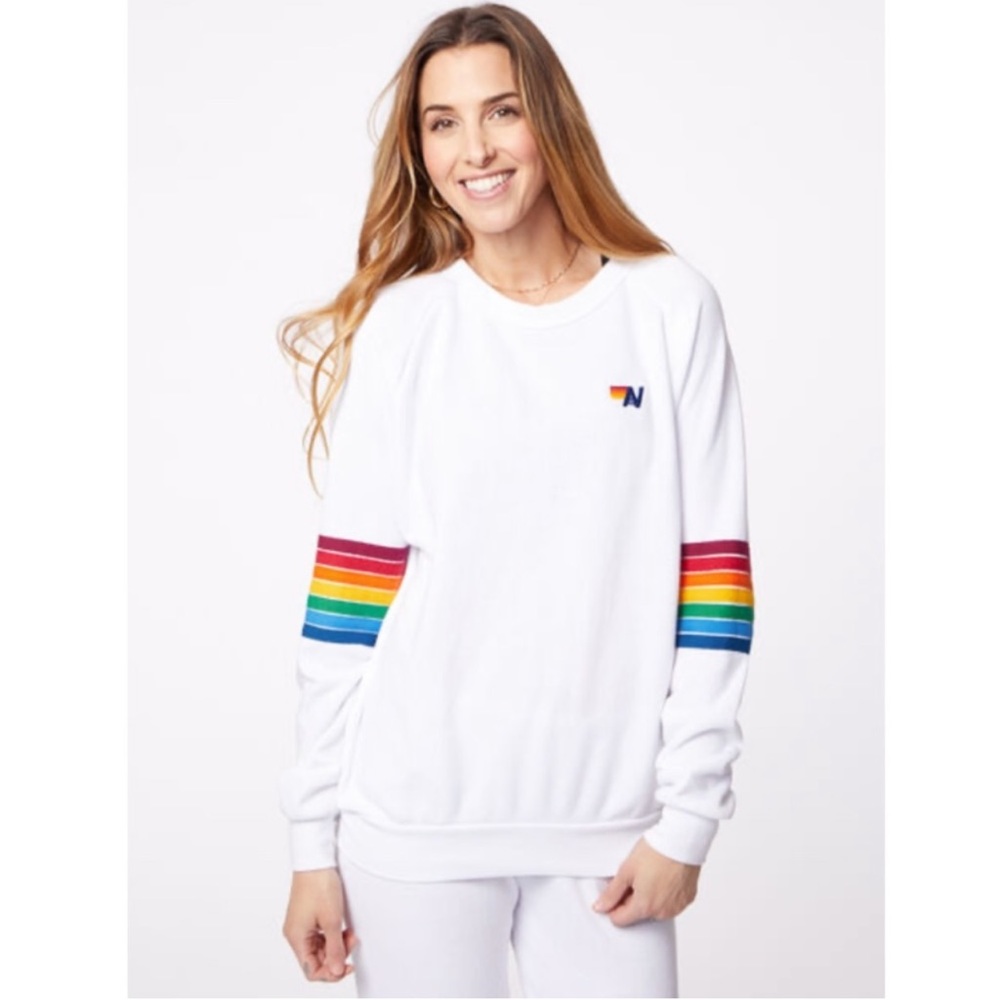 Aviator Nation 🌈 white rainbow stitch crewneck sweatshirt size XS